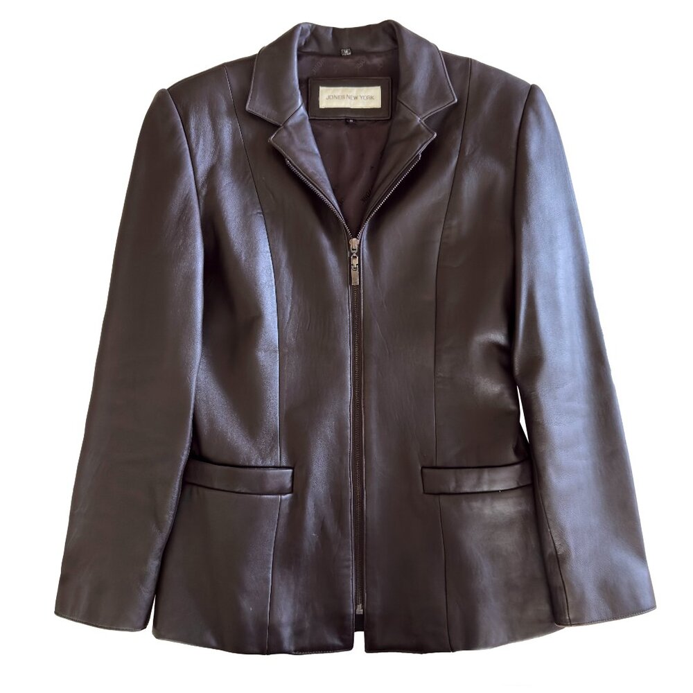 EUC Designer Genuine Leather Jones New York Brown Zip Front Jacket Small